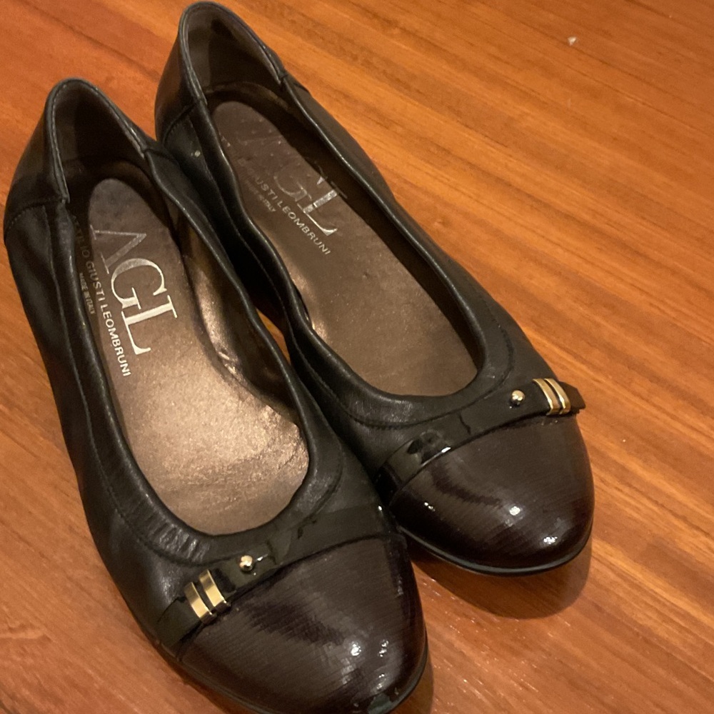 AGL Black Leather Flats with Gold Accents